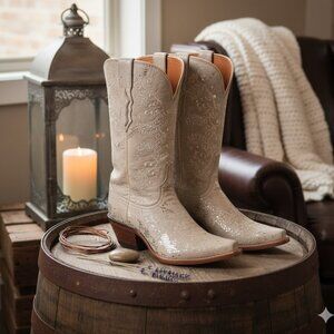 Lucchese 1883 Beige Champagne Python Metallic Print Suede Cowboy Boots 6C